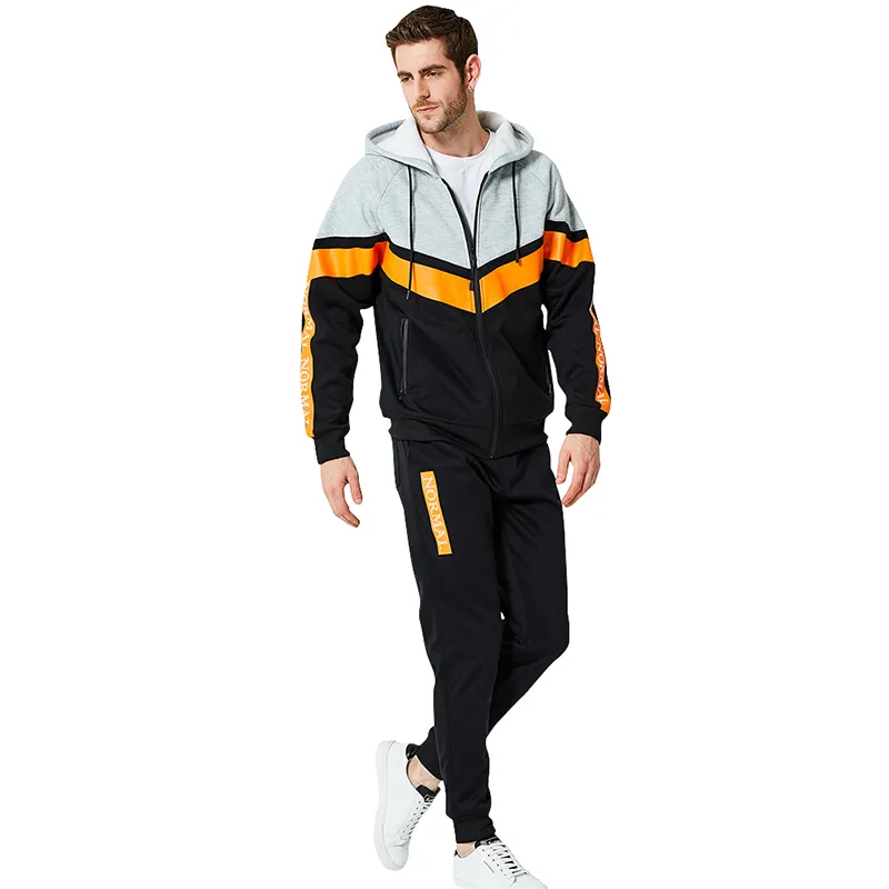 Mens Sports Tracksuits Running Athletic 2pcs Clothing Sets Hooded Zipper Jackets Long Pencil Pants Suits