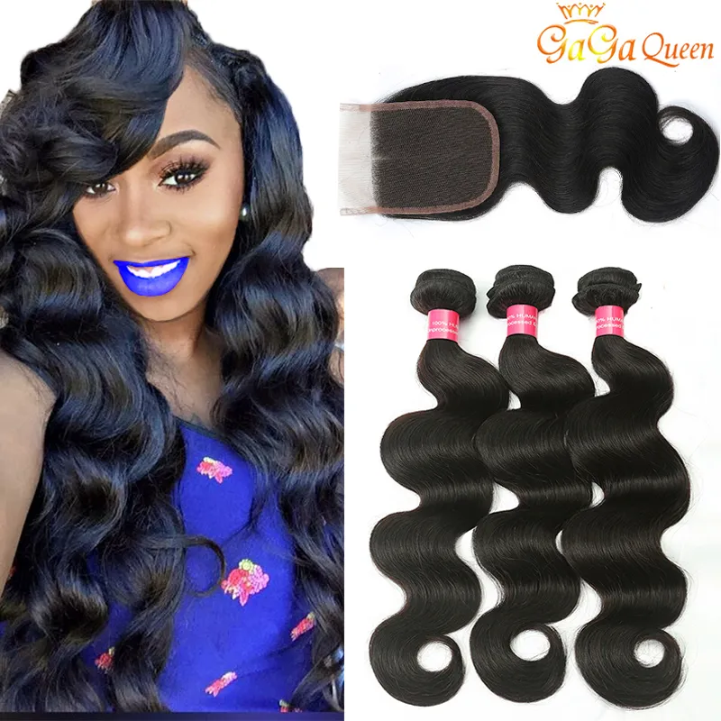 28 30inch Mink Poules de cheveux brésiliens avec fermeture 3pcs Body Wave raide avec 4x4 Fermeture en dente