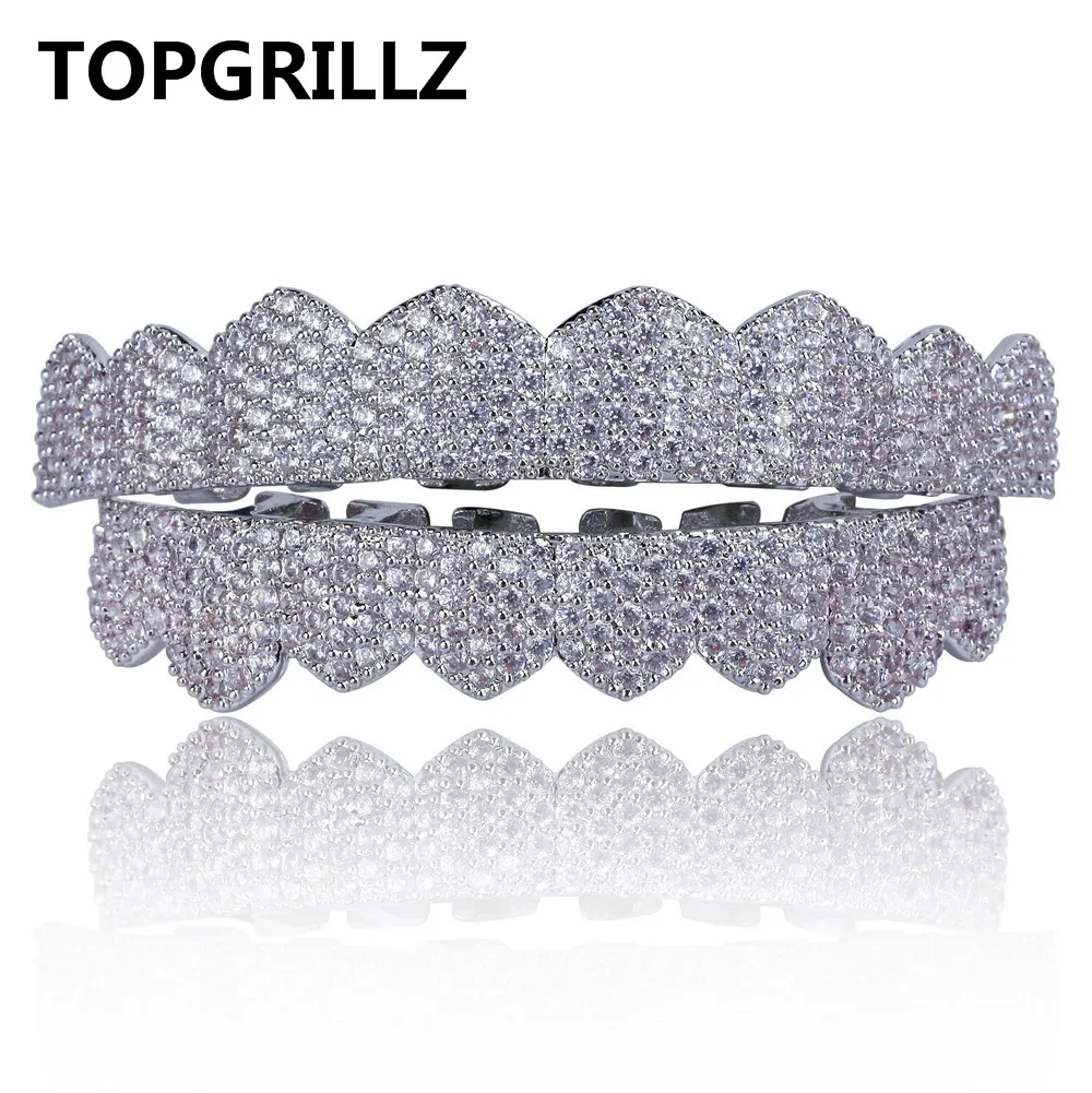 TOPGRILLZ Micro Pave Cubic Zircon Custom Fit Oro argento Colore Iced Out Hip Hop Denti Grillz Top Bottom Griglie denti Set