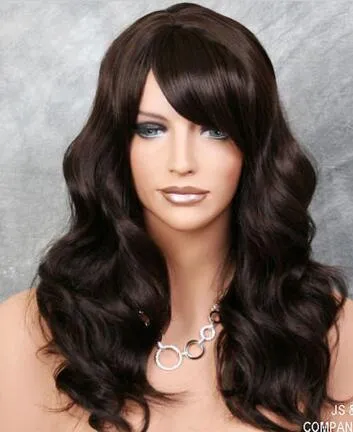 Human Hair Blend Long Dark Brown Wavy Striking Wig full bangs HEAT SAFE 4 wii