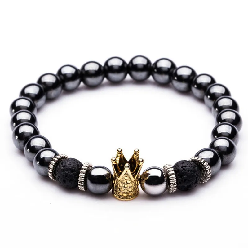 Charm Natural Stone Armband Högkvalitativ GoldenBlack Crown Dumbbells Mäns Armband Hematit Beads Armband för kvinnor Män