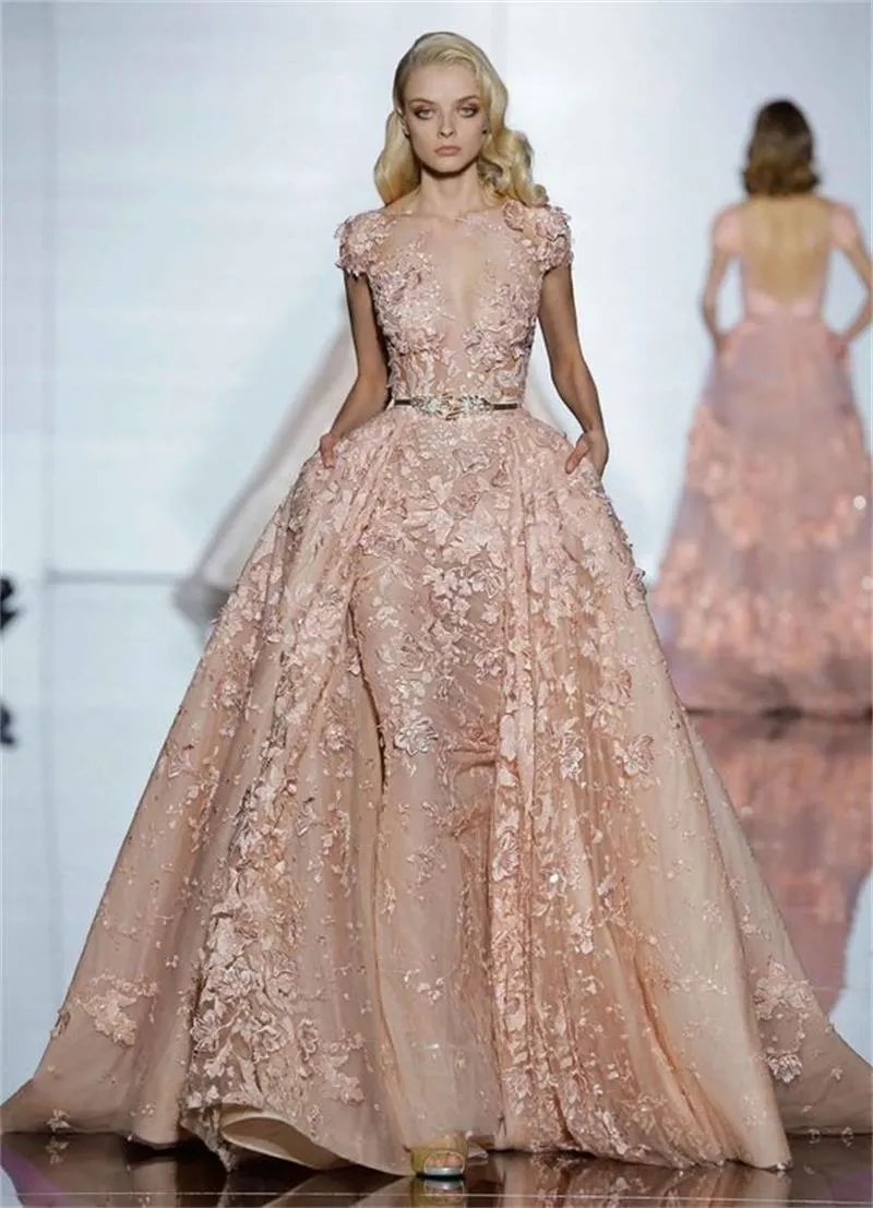 Zuhair Murad Elegant Blush Pink Prom Klänningar med OverksKirt Utsökt Lace Applique Evening Gowns Party Formell Wear Leaf Belts Designer