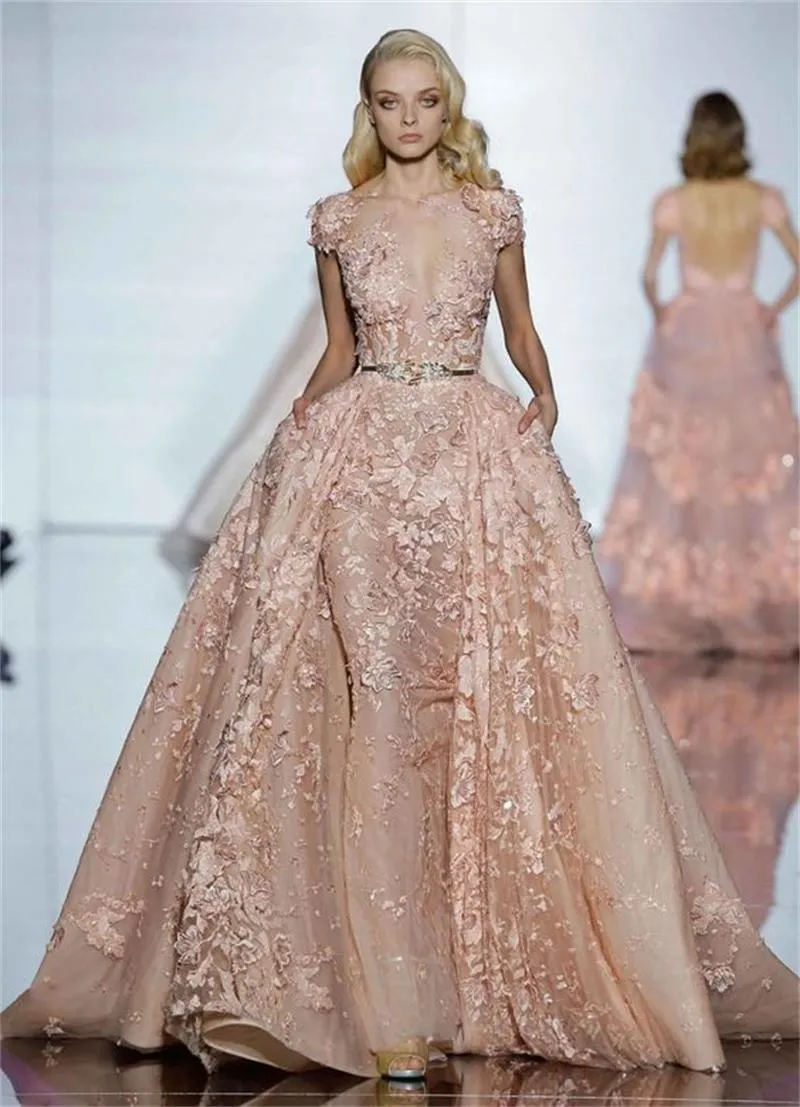 Zuhair Murad Elegant Blush Pink Prom Dresses With Overkskirt Exquisite Lace Applique Evening Gowns Party Formal Wear Leaf Belts Designer