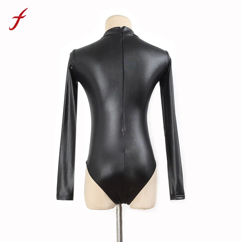 Body/Catsuit Femme En Cuir Brillant - Col Montant, Ouvert, Combinaison Soirée/clubwear