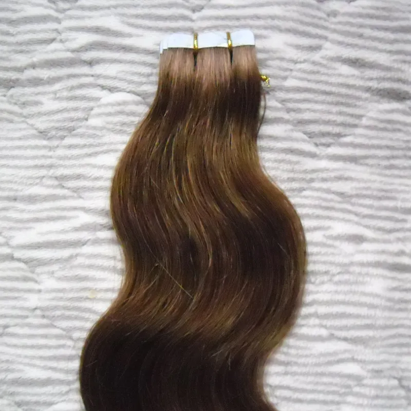 Colore # 4 marrone scuro confezione nastro di PU in 100% remy estensioni dei capelli umani nastro capelli 100g nastro dell'onda del corpo nelle estensioni dei capelli umani