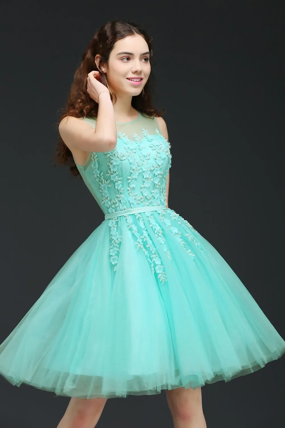 New Hot Mint Green Tulle Short Prom Homecoming Dresses Sheer Jewel Neck A Line Knee Length Cocktail Dresses With Lace-up Back HY207