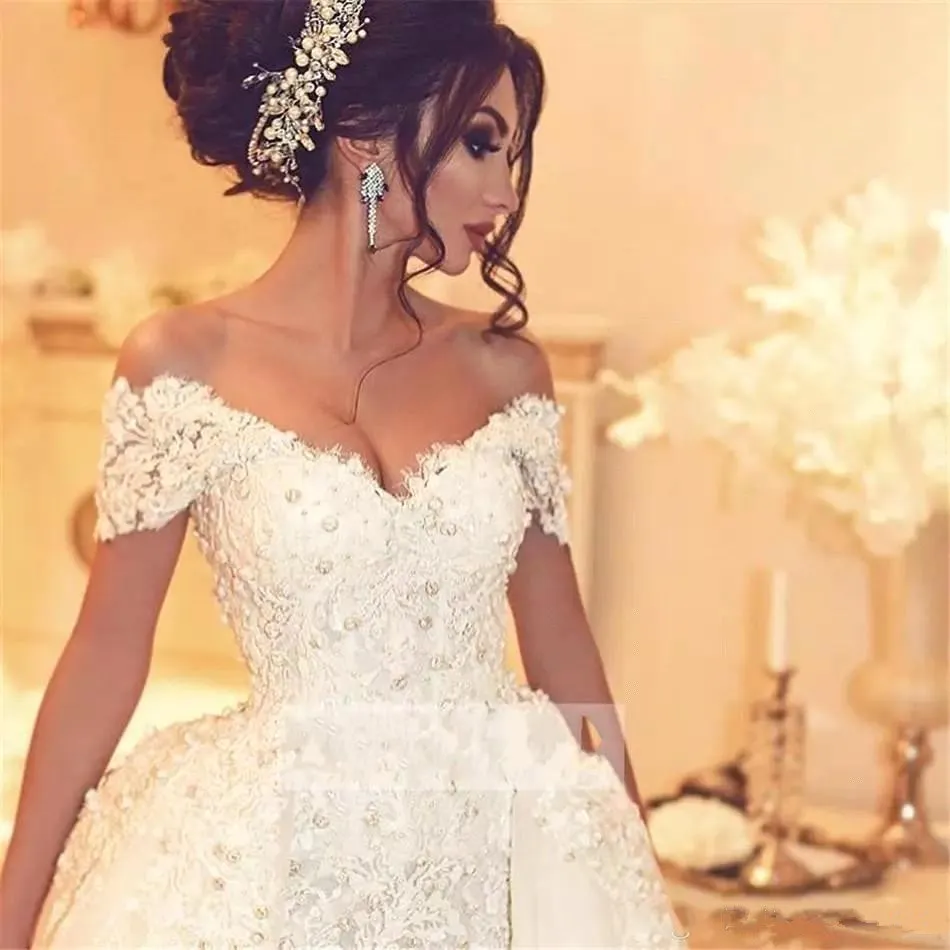 Arabic Lace Wedding Dresses Off The Shoulder Appliques Beaded Pearls Wedding Dress Detachable Skirt Plus Size Bridal Gowns Robe de mariee