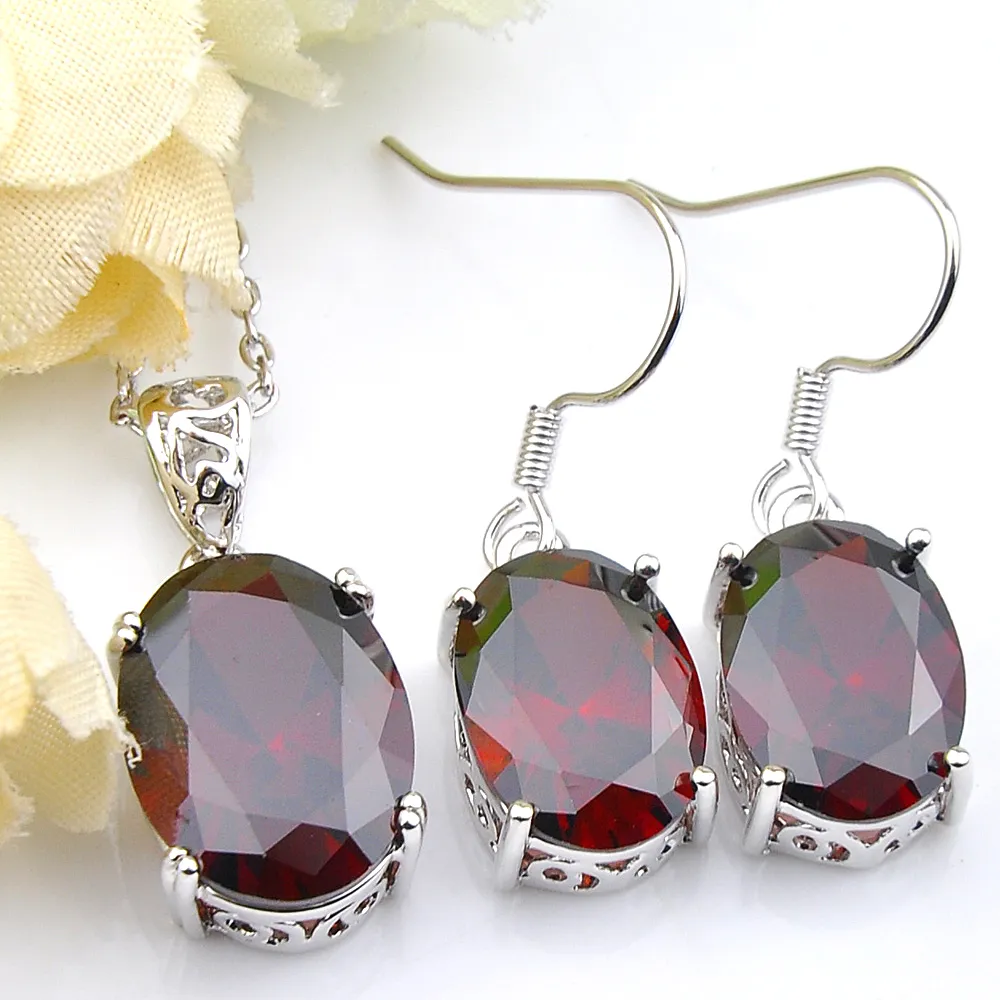 Luckyshien Elegant Oval New Red Garnet Gems 925 Silver Crystal Zircon Necklaces Pendant Earrings Wedding Jewelry Sets Free shippings