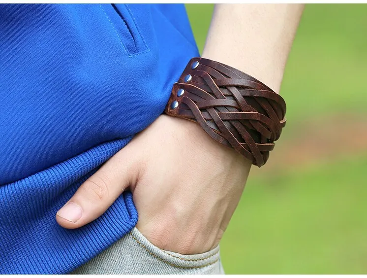 4 PCS C - Ensemble De Bracelets En Cuir Tressé Pour Hommes, Vintage