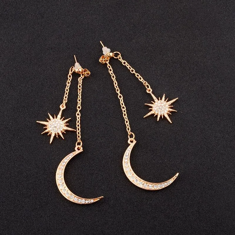 Gold Color Long Chain Hanging Earrings Moon Star Shape Simulated-pearl Drop Earrings for Women Jewelry