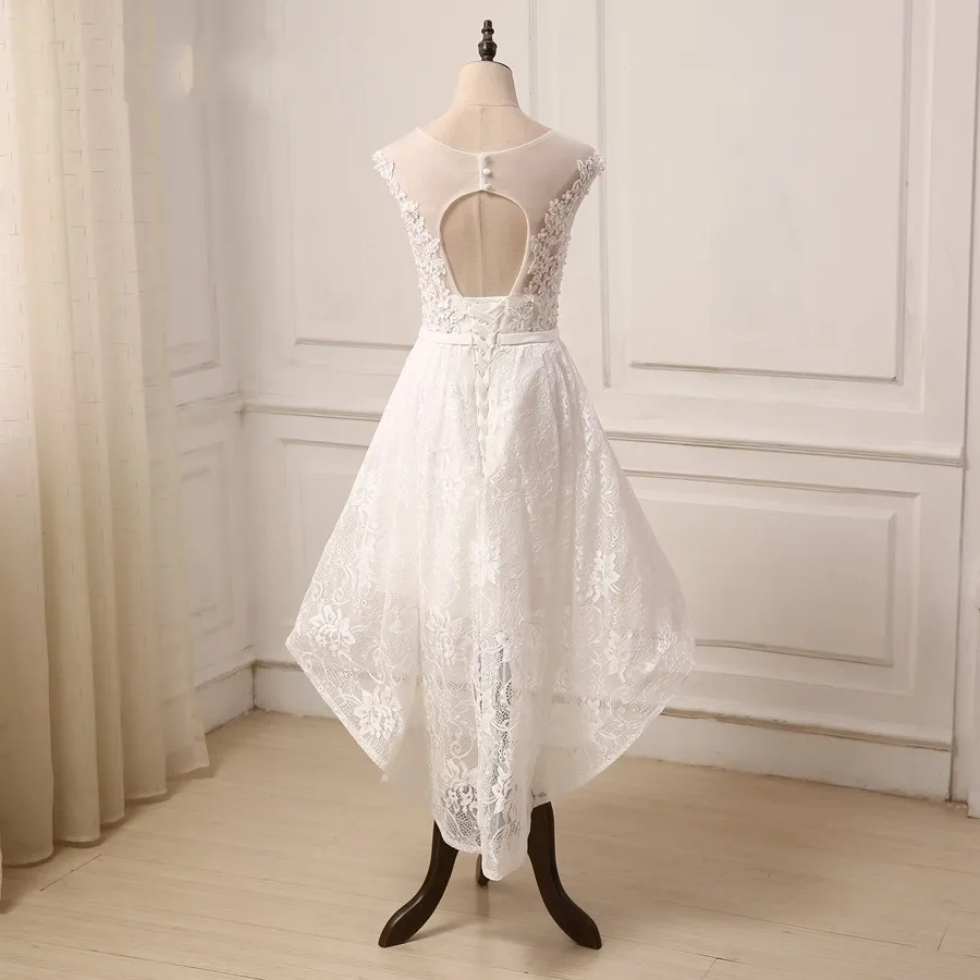 Cheap High Low Wedding Dress Sheer Neck Cap Short Sleeves Keyhole Back Applique Lace Up Back Boho Wedding Dress Plus size Custom-made