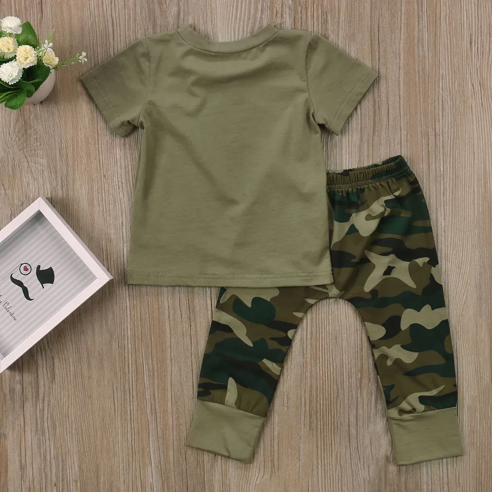 2 stücke Baby Kleidung Neugeborenen Kleinkind Armee Grün Baby Junge Mädchen Brief T-shirt Tops Camouflage Hosen Outfits Set Kleidung 0-24M