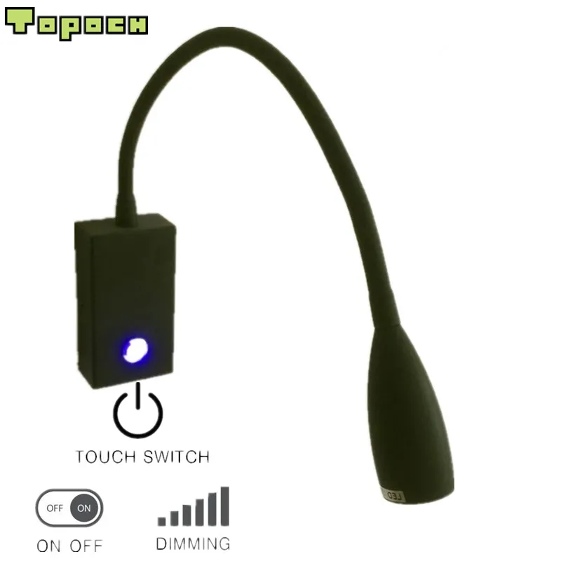 Topoch Swing Bras Black Wall Lampe Appuyez sur / OFF / DIMMER BUCTURE Tuyau en aluminium TÊTE TÊTE CONNAILLE DE FACILAGE 3W LED pour Chambre Camper Bateaux AC100-240V Lecture Light Sconce