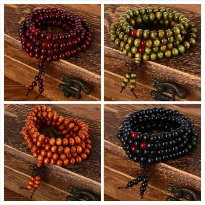 108 Pärlor 8mm Natural Sandelträ Buddhist Buddha Träbön Pärla Mala Unisex Män Armband Bangles Smycken