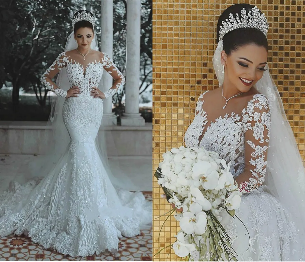 Vestidos de novia árabes de Dubai Apliques de encaje con cuello de joya transparente Vestidos de novia de sirena con cuentas Tren de barrido Vestido de novia de manga larga de talla grande