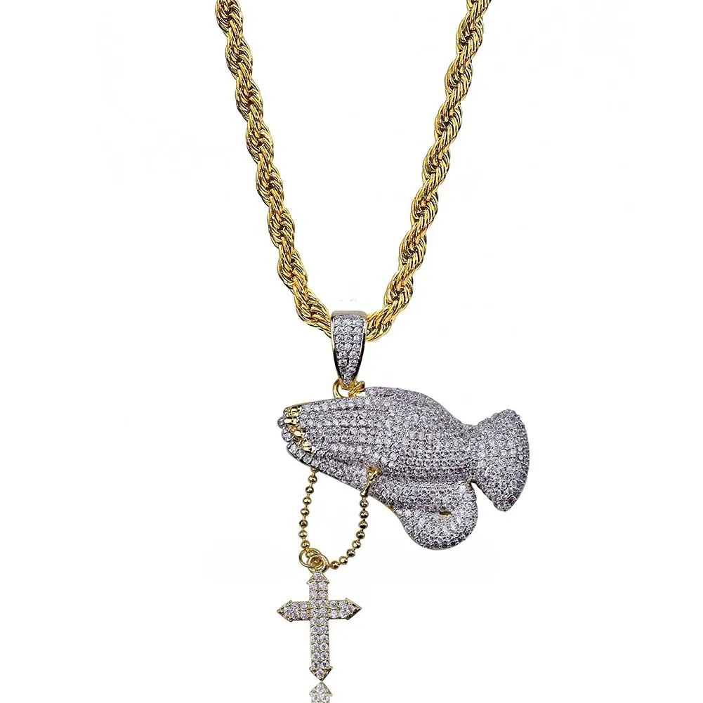 Hip Hop – pendentif en laiton Double couleurs glacé, Micro pavé CZ, mains de prière, croix, breloque de collier pour hommes et femmes, 177b