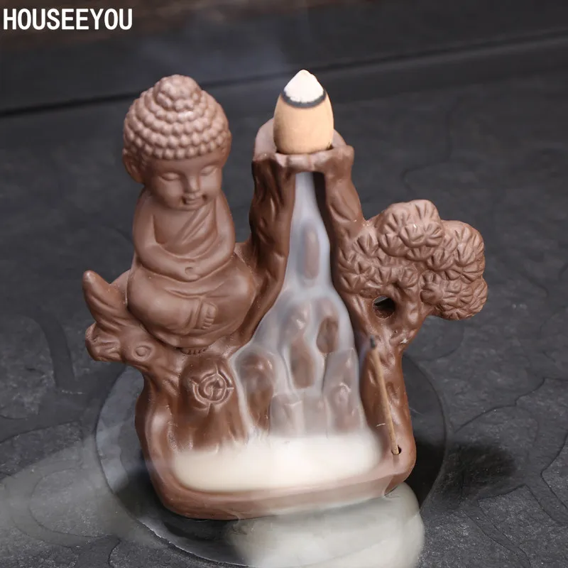 Buddha Incense Burner Home Decor Creative Smoke Backflow Incense Burner Waterfall Monk Censer Stick Holder+ 20pcs Cones