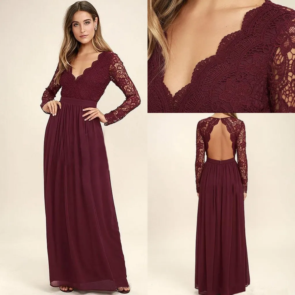 Bridesmaid Dresses 2019 Maroon Chiffon Beach with Long Sleeve Junior Honour Of Maid Dress Wedding Party Guest Gown Custom Made Cheap