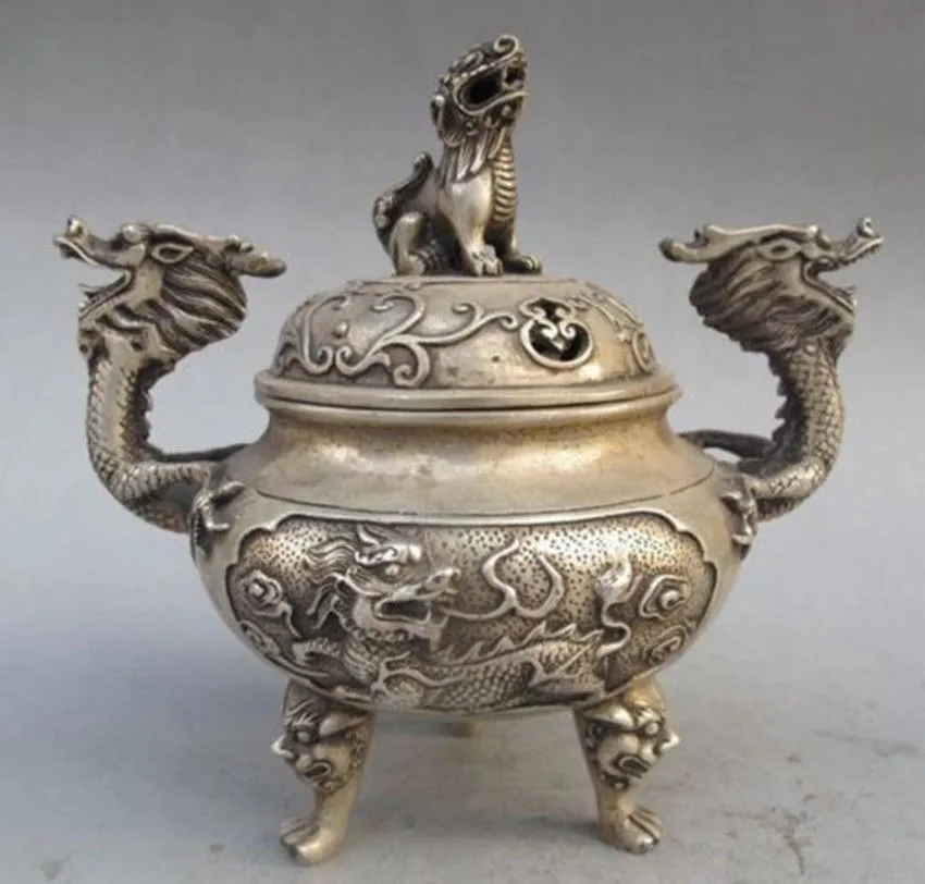 Silver Bronze Dragon Incense Burner Lion Led W Ming Dynasty Xuan de Mark