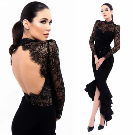 Evening dress Yousef aljasmi Kim kardashian Cap sleeve High collar Lace Hi-Lo Backless Almoda gianninaazar ZuhLair murad Kim Kardashian