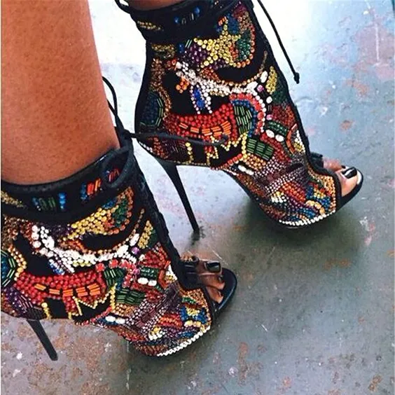 Luxury Mixed Color Comic Beaded Crystal Bridal Wedding Shoes Woman Peep Toe Lace Up Botas Stiletto High Heels Glitter Rhinestone Ankle Boots