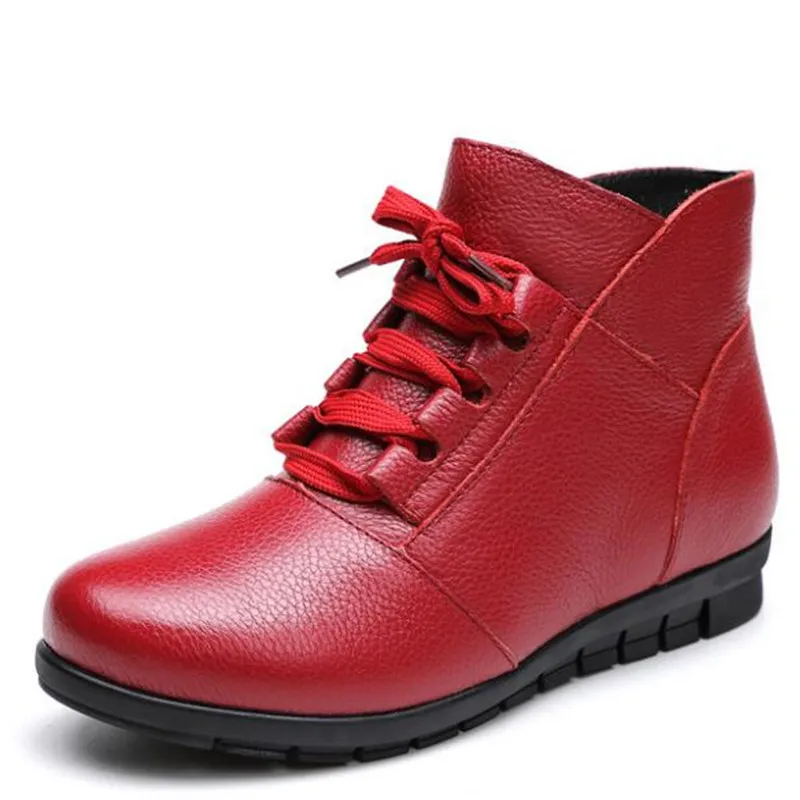 Nieuwste Warme Comfort Winterlaarzen Snowboots Platte Schoenen 2020 Zachte Lederen Schoenen Platte Antislip Casual Schoenen Dames Laarzen rood Zwart