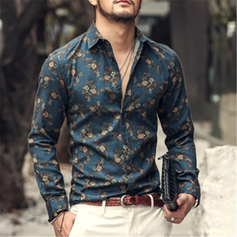 Autumn New Fashion Oxford Flower Printed Long Sleeve Shirts Men