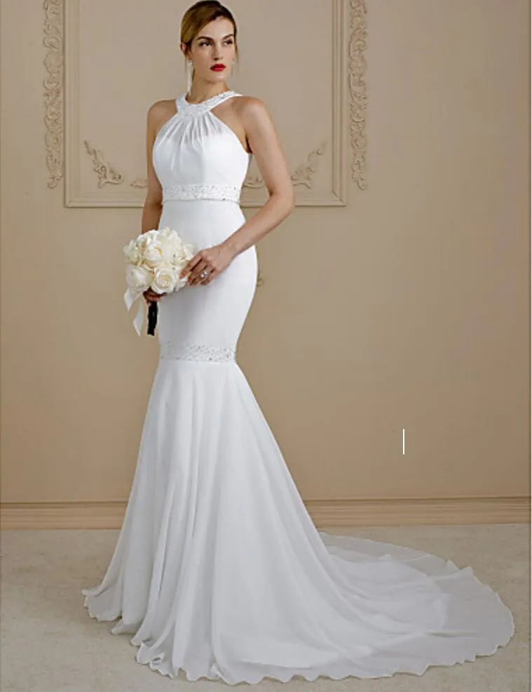 Halter Vestido De Noiva Mermaid Wedding Dresses Sexy Chiffon Bridal Gowns Court Train Vintage Bridal Gowns With Beading