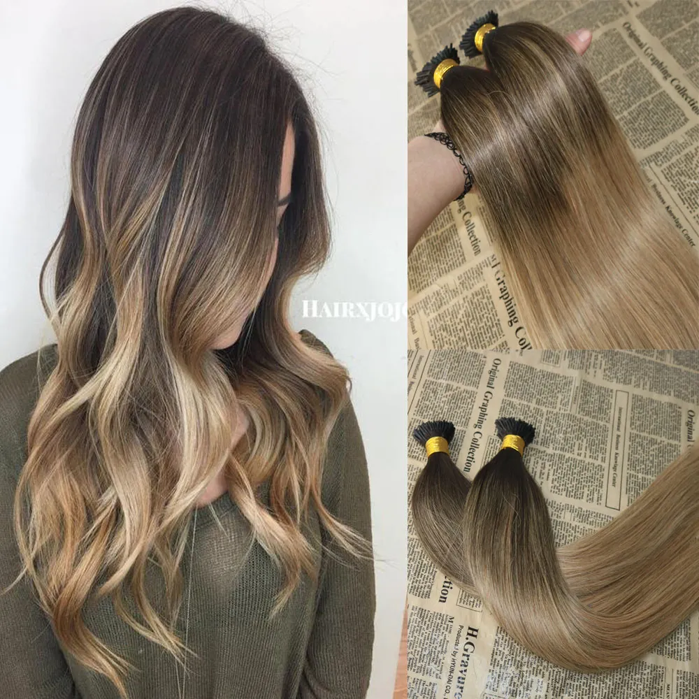 Balayage الشعر البشري أنا طرف ملحقات omber # 2 يتلاشى إلى # 12 أنا نصيحة الاندماج prebonded الشعر ملحقات عصا الكيراتين أنا نصيحة الشعر 100 جرام