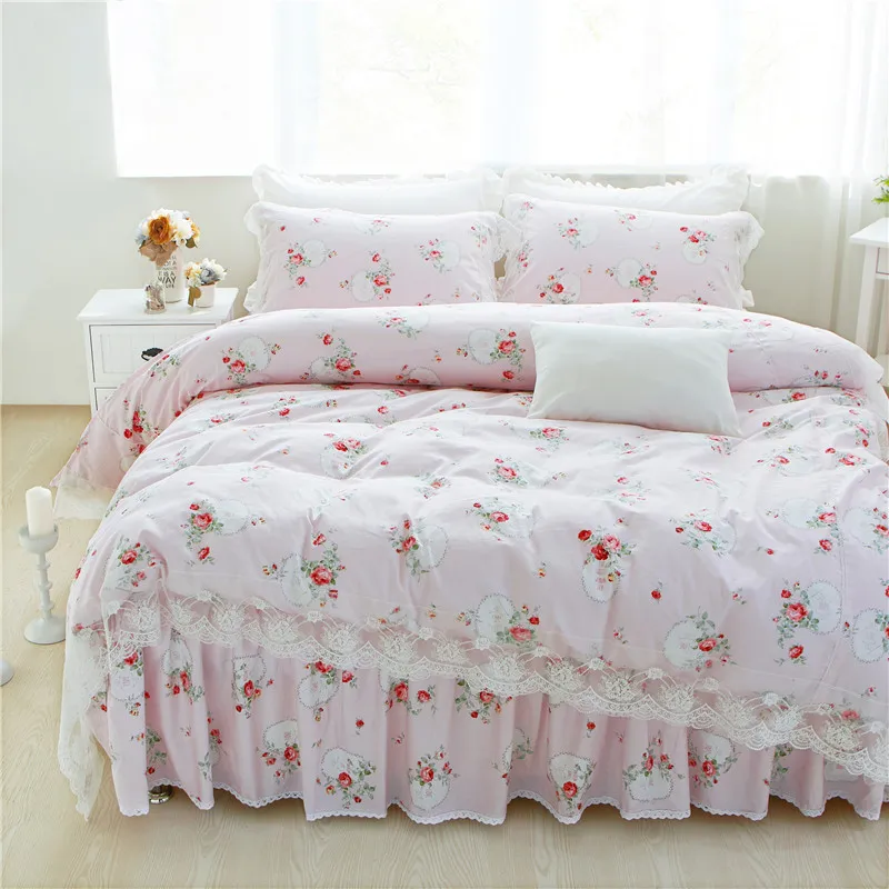 12 färger 100% bomull spets kant tjejer sängkläder uppsättning blommig print king drottning tvilling storlek säng kjol set kudde shams