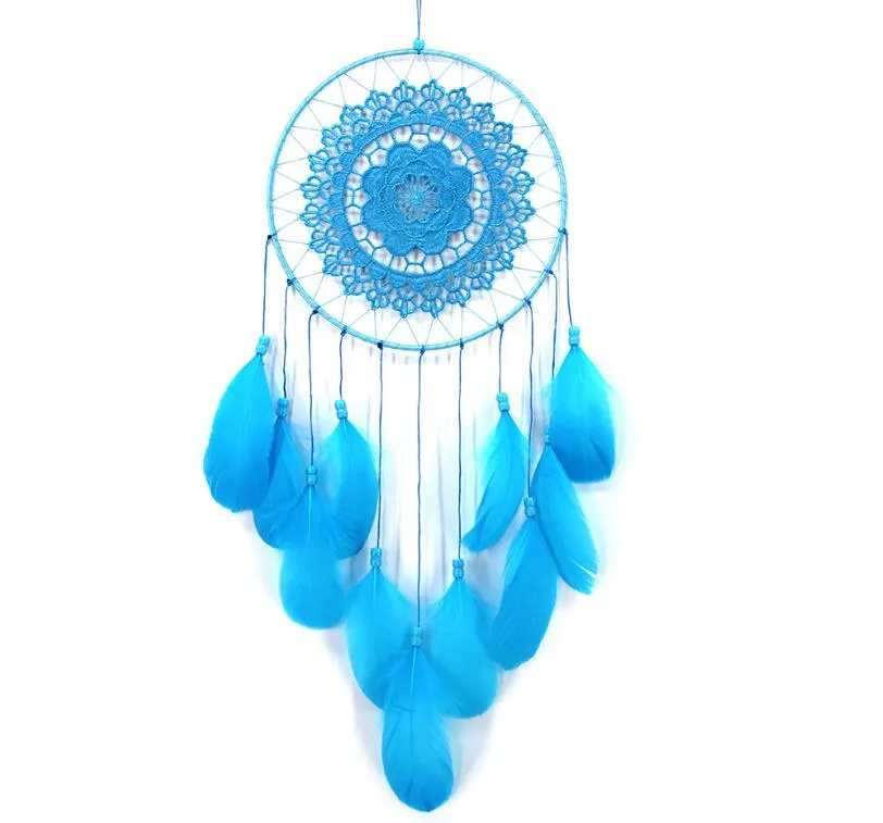 Handgjord spets Dream Catcher Circular med fjädrar Hängande Dekoration Ornament Craft Present Virket Vit Dreamcatcher Wind Chimes Ga122