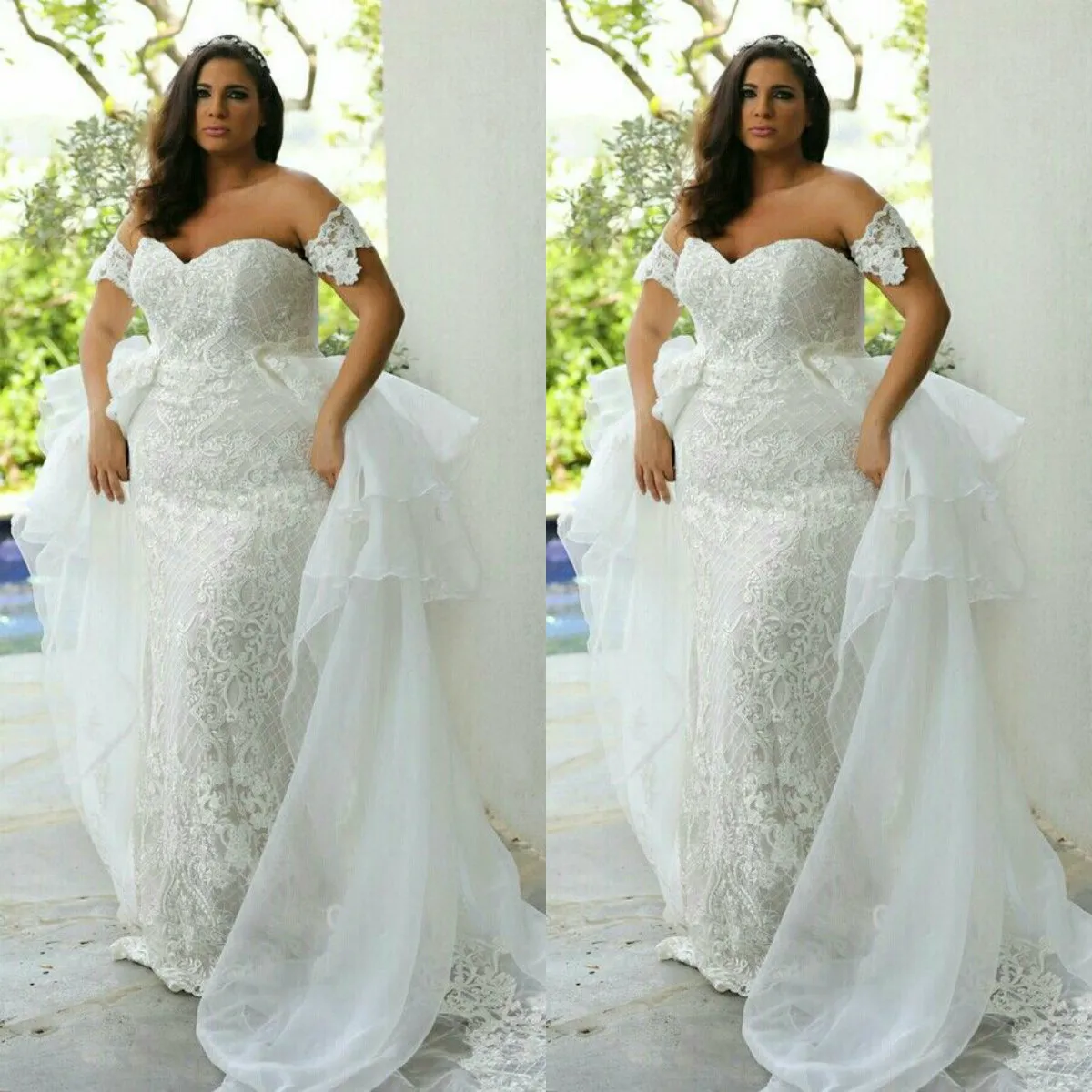 2019 Plus Size Mermaid Wedding Dresses 26W Custom Made For Fat Women Lady Lace Appliques Mermaid Wedding Dress Detachable Overskirt Lace Up