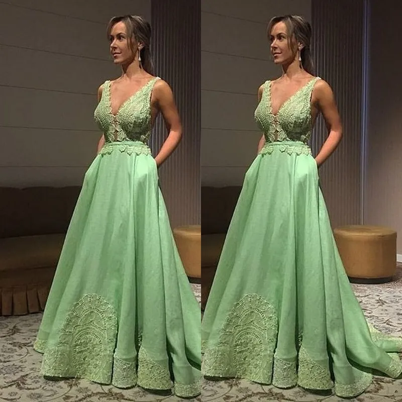 Modest V Neck Lace Applique A Line Light Green Prom Dress With