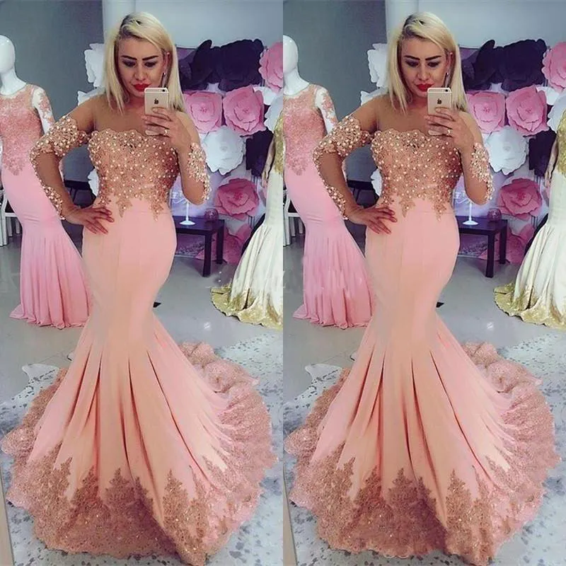 2018 Blush Mermaid Prom Dresses Long Sleeve Sweep Train Applices Tonged Long Formal Evening Party Gowns Plus Size Vestidos de Fie292R