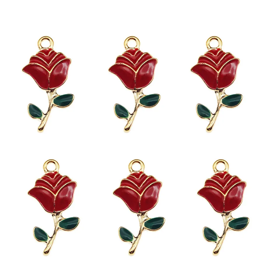 Wholesale Gold Color Enamel Red Alloy Grace Rose Look Charms Handmade Pendant DIY Fashion Necklace Jewelry Findings