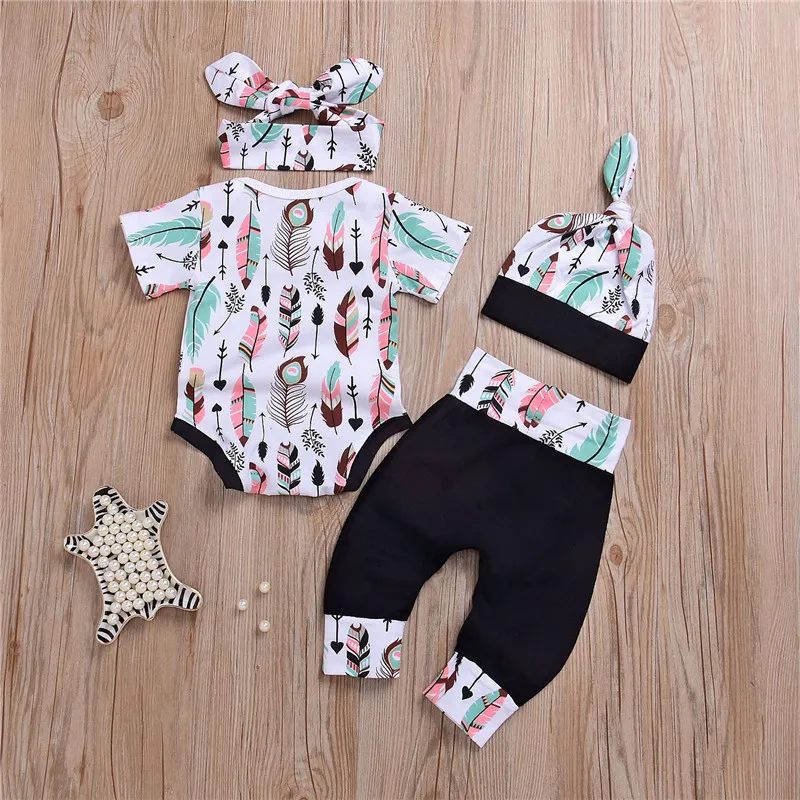 2018 New Baby Clothes Set Infant Baby Boys Girls Feather Print Romper Pants Hat Headband Baby Outfits Cotton Kids Boys Girls Clothing
