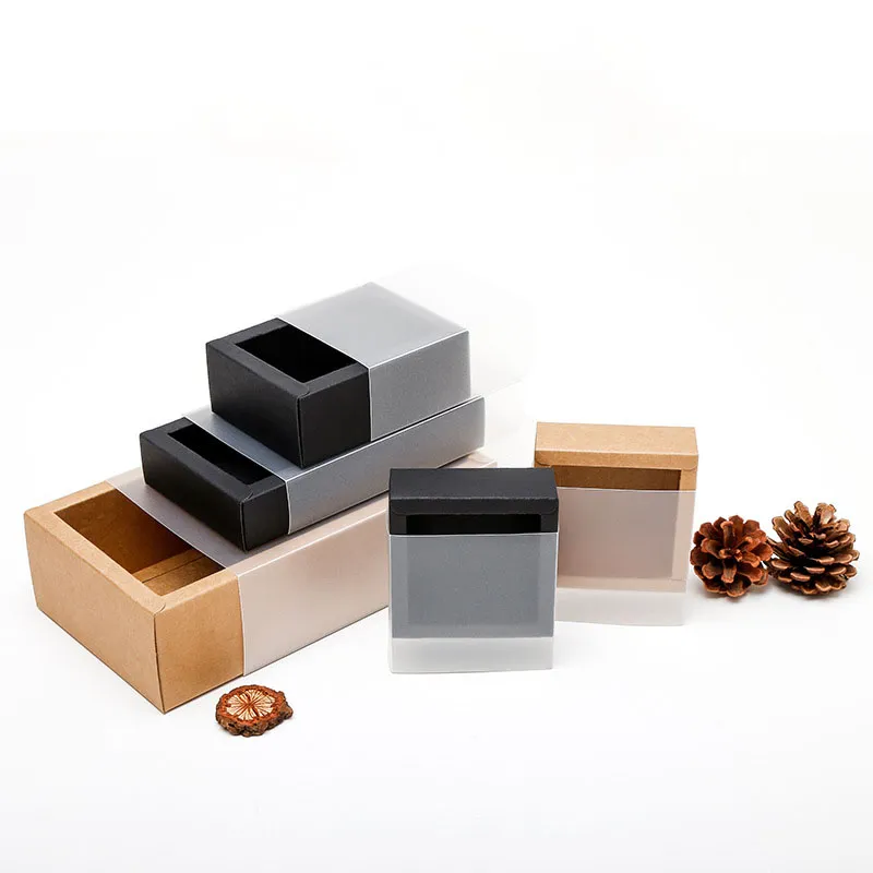 Siyah / Kahverengi Kraft Kağıt Çekmece Kutuları Buzlu PVC Kapak Ile DIY El Yapımı Sabun Zanaat Mücevher Kutusu Düğün Parti Hediye Ambalaj