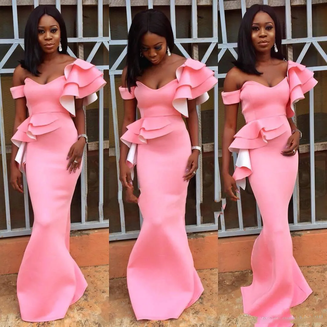 2018 Nigeria Black Girl Prom Dresses Mermaid Off-Shoulder Pink Long Formal Abiti da sera aderenti per le donne Taglie forti