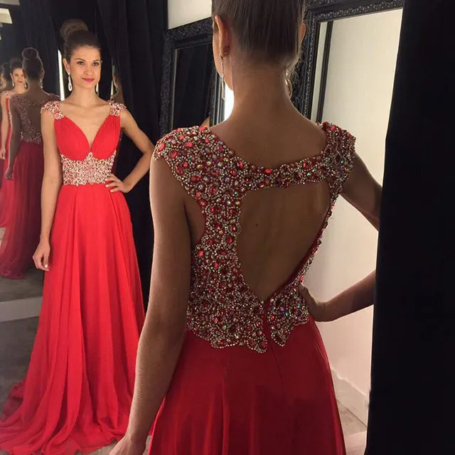 2022 Sexy Deep V Neck Red Prom Dress Key Hole Back Party Evening Dresses with Sweep Train Sleeveless Crystal Beaded Chiffon Formal Gowns