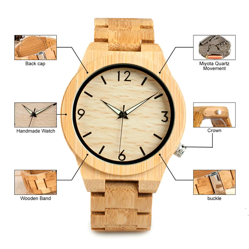 2018 BOBO BIRD WD27 Bambou Montre En Bois pour Hommes Conception Unique De Lug Top Marque De Luxe Quartz Bois Bande Nuit Vert Pointeur Poignet Watc229I