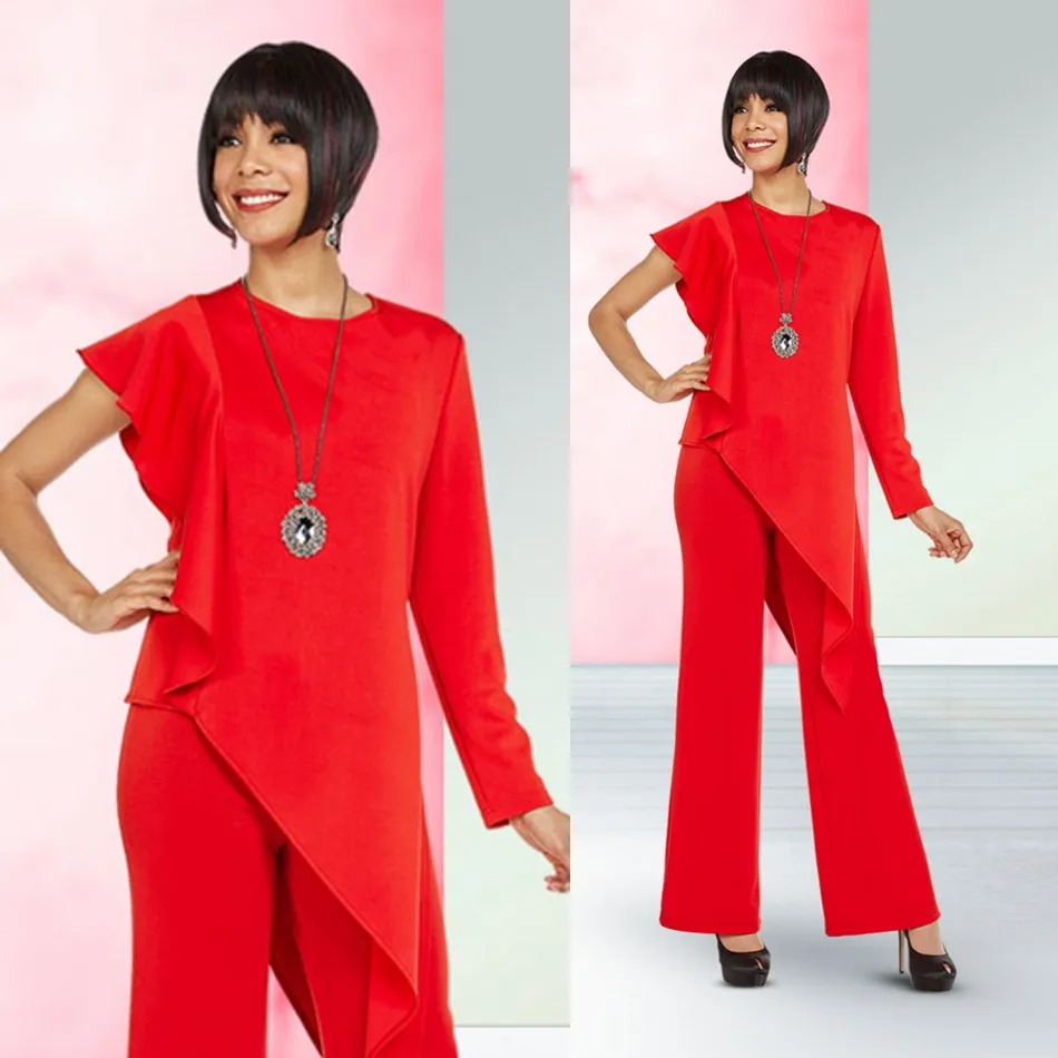 Red Mother Of Bridal Pant Suits For Wedding Jewel Neck Mothers