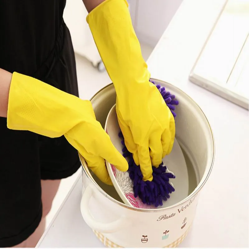 Rubber Gloves Skin Care Gloves Hand Warm Thick Dish Washing Waterproof Glove, Orange Yellow Send