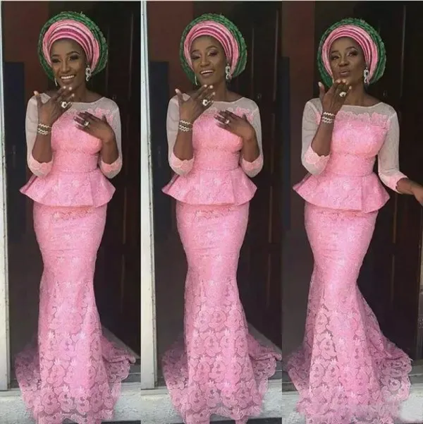 2018 Nigeryjski Sukienki Wieczorne zużycie z rękawami Scoop Neck Mermaid Peplum Pink Lace African Prom Dresses