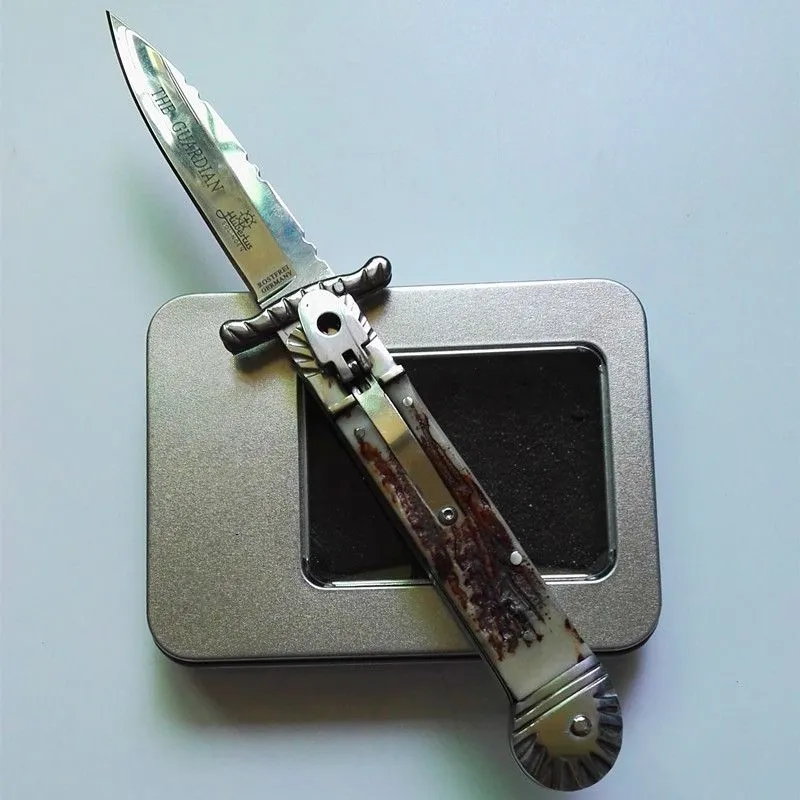 Hubercus Solincen Patron Guardian折りたたみEDCキャンプナイフ8.5インチ戦術的自己Defenseamematic Auto Knivesクリスマスギフト