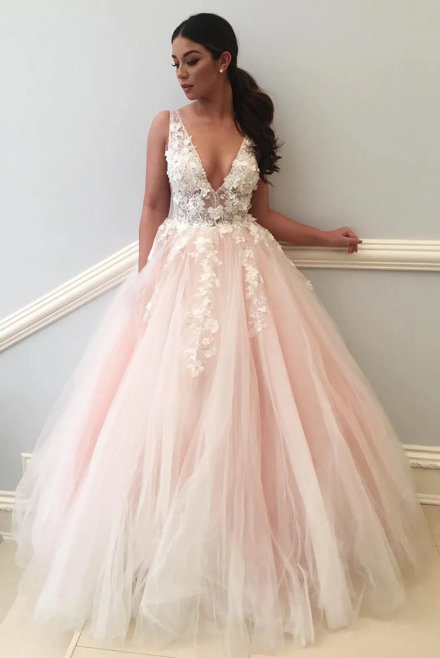 Tulle Floral Appliqued Plus Size Ball Gown Prom Dress with Deep V-Neck and Sheer Straps from Dhgate Prom Dresses - price 130.59 Tulle Floral Appliqued Plus Size Ball Gown Prom Dress with Deep V-Neck and Sheer Straps from Dhgate Prom Dresses - price 130.59