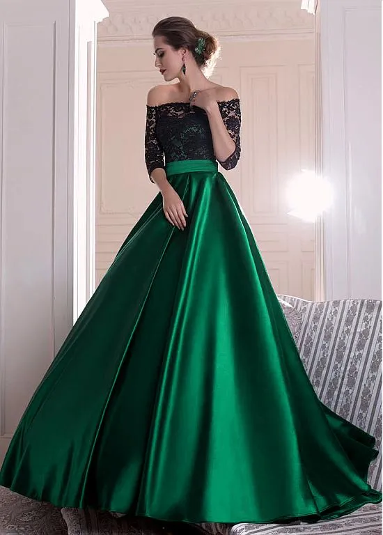 Dentelle noire sur l'épaule robes de soirée vert satin A-ligne pure manches 3/4 fermeture éclair dos robes de bal soirée robes de bal avec plis