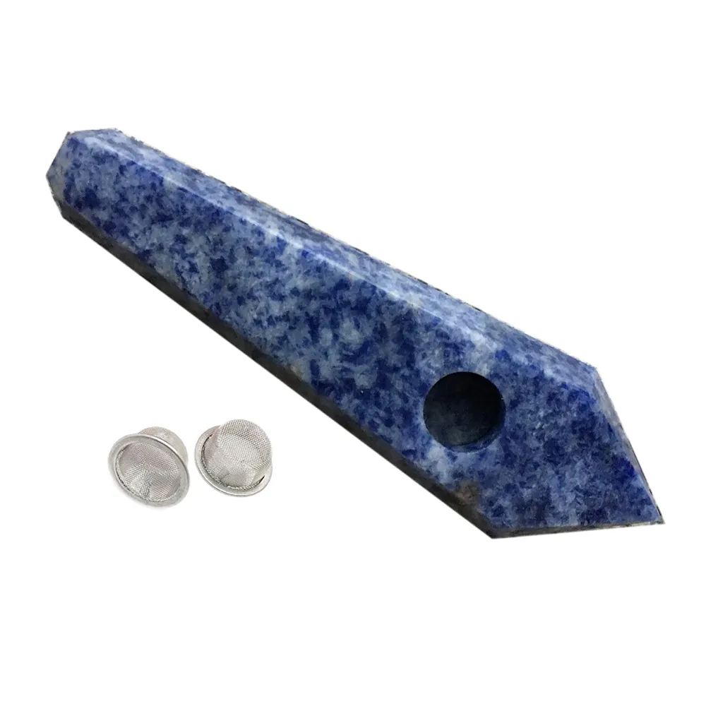 Ponto Azul Natural Sodalita De Quartzo Tubulação De Fumaça De Pedra De Cristal Obelisco Varinha Ponto Charutos Pipes Com 2 Filtros De Metal