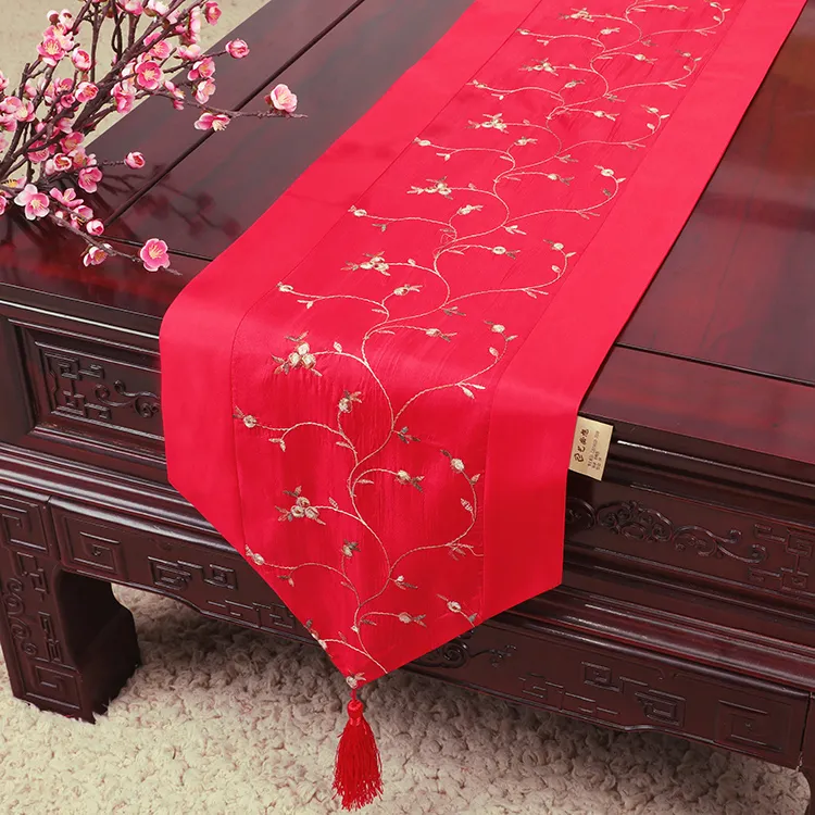 Chemin de table en satin de soie extra long avec broderie de fruits, décoration de table pour fête de mariage, Noël, nappe chinoise, chemin de lit 230 x 33 cm