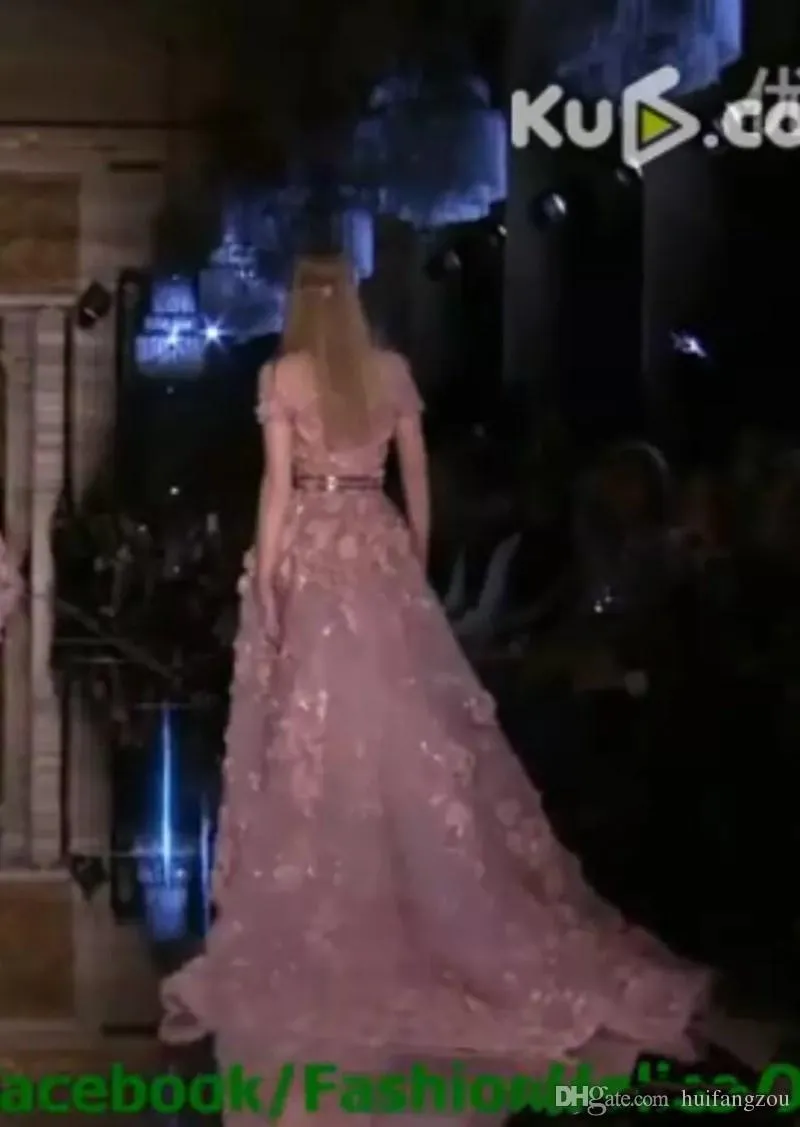 Ny couture zuhair murad prom klänningar till salu 3d blommor applikationer dammig rosa kväll klänning plus storlek senaste festklänning design