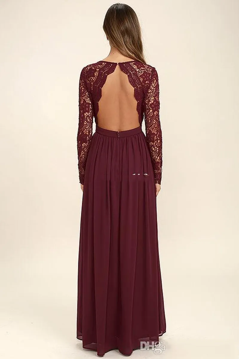 Burgundy Chiffon Bridesmaid Dresses Long Sleeves Western Country Style VNeck Wedding Party Dresses Backless Long Beach Wedding Gu2496044